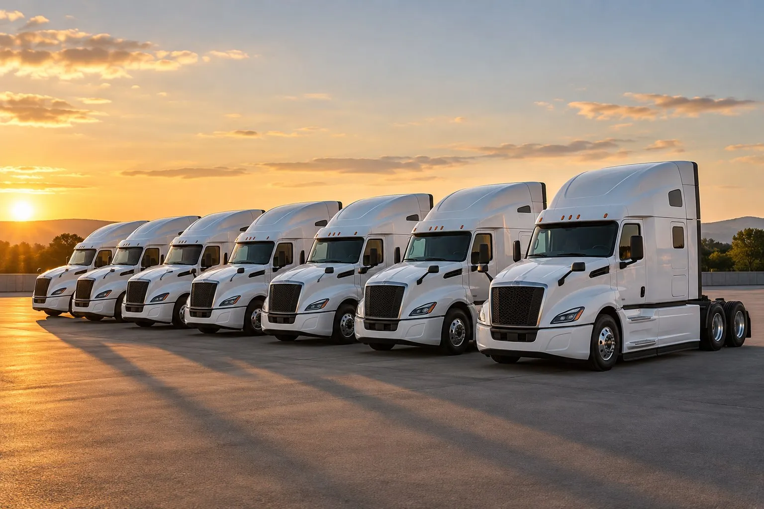 A row of parked white trucks in a fleet yard at golden hour