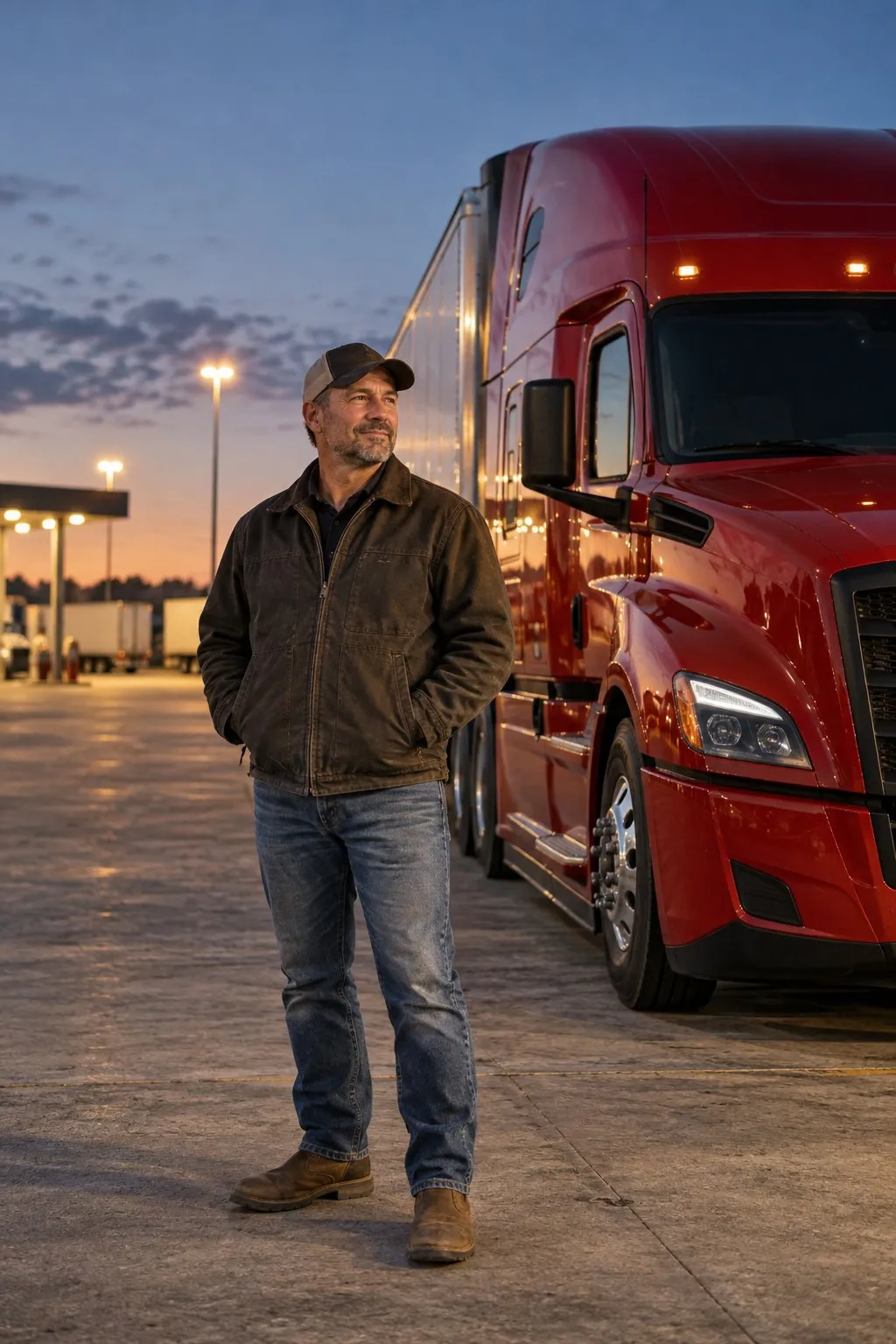 An owner-operator beside his parked truck at a truck stop at dusk