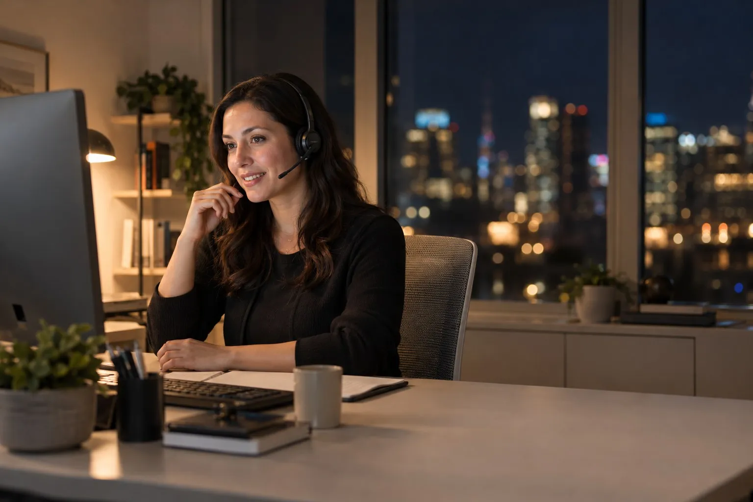 A support agent with a headset answers a call at night